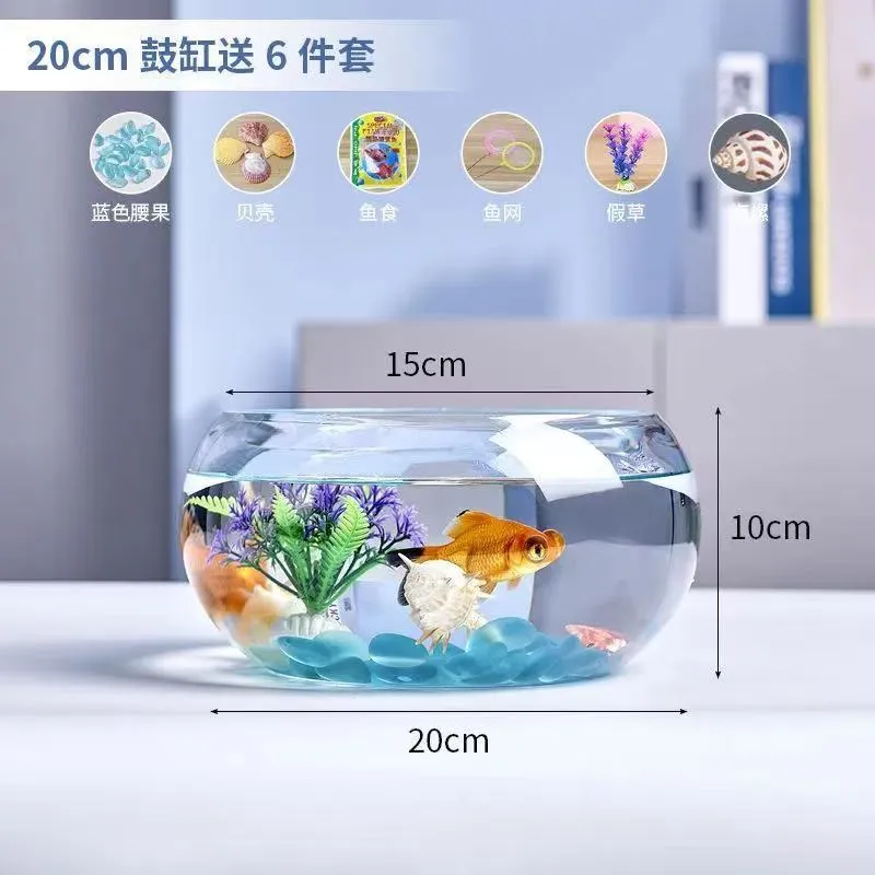 Mini Fish Tank Transparent Glass Office Living Room Creative Hydroponic Drum Tank Round Turtle Tank Desktop Aquarium for Small Fish thumbnail 9