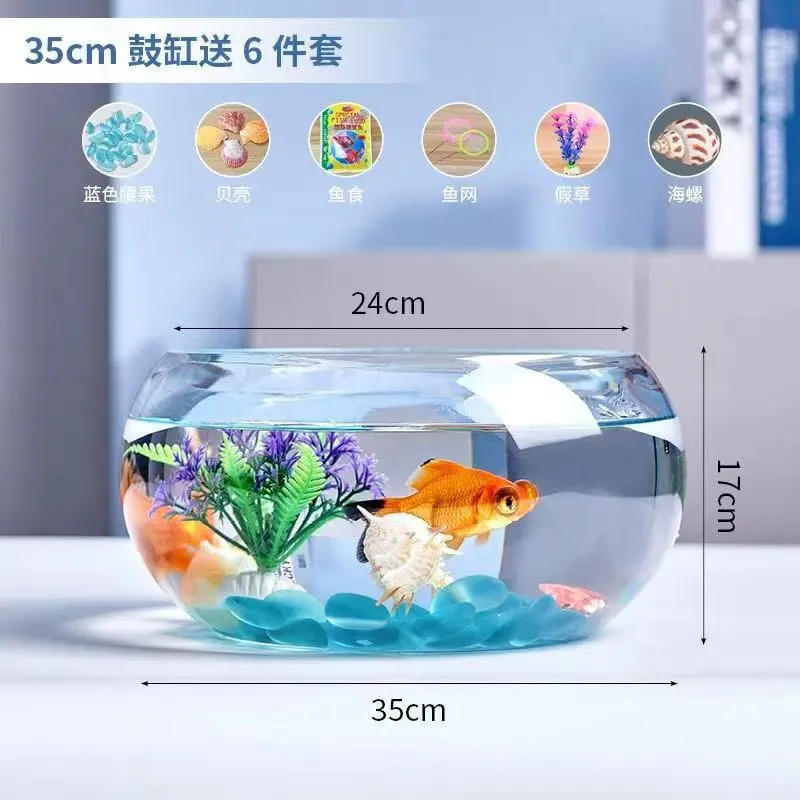 Mini Fish Tank Transparent Glass Office Living Room Creative Hydroponic Drum Tank Round Turtle Tank Desktop Aquarium for Small Fish thumbnail 8