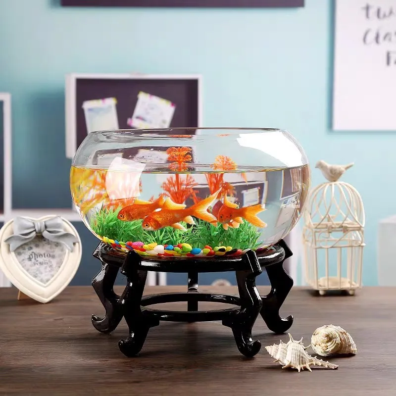 Mini Fish Tank Transparent Glass Office Living Room Creative Hydroponic Drum Tank Round Turtle Tank Desktop Aquarium for Small Fish thumbnail 2