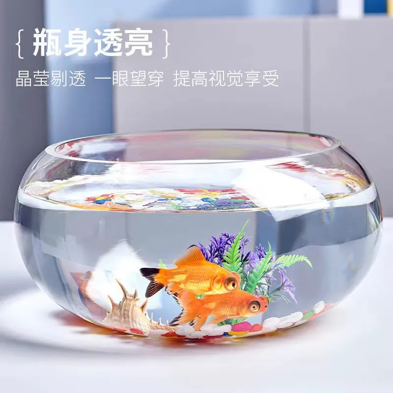 Mini Fish Tank Transparent Glass Office Living Room Creative Hydroponic Drum Tank Round Turtle Tank Desktop Aquarium for Small Fish thumbnail 6