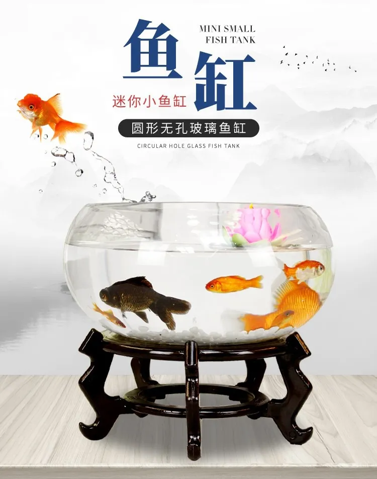 Mini Fish Tank Transparent Glass Office Living Room Creative Hydroponic Drum Tank Round Turtle Tank Desktop Aquarium for Small Fish showcase 4
