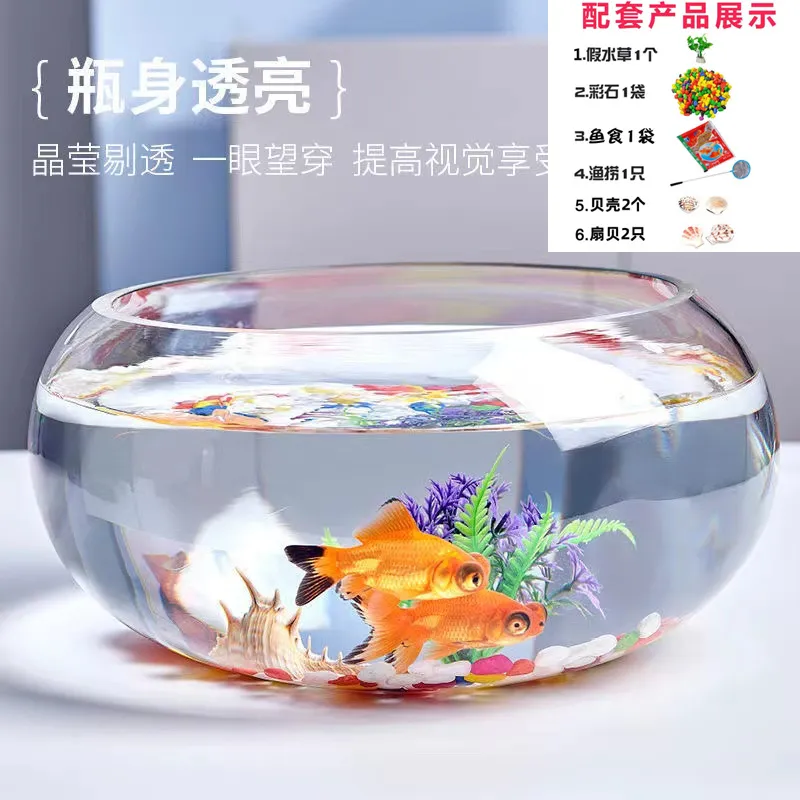 Mini Fish Tank Transparent Glass Office Living Room Creative Hydroponic Drum Tank Round Turtle Tank Desktop Aquarium for Small Fish thumbnail 10