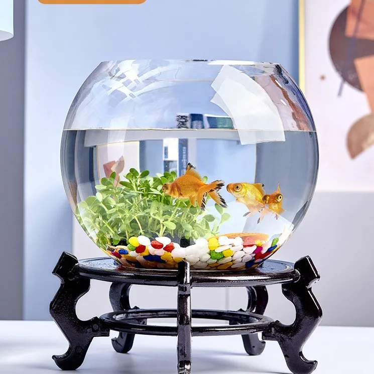 Small Glass Fish Tank for Office Desktop - Transparent Turtle Tank, Round Goldfish Bowl, Living Room Decoration, Thickened Glass, Landscape Design