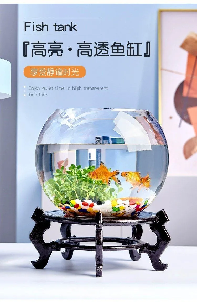 Small Glass Fish Tank for Office Desktop - Transparent Turtle Tank, Round Goldfish Bowl, Living Room Decoration, Thickened Glass, Landscape Design showcase 1