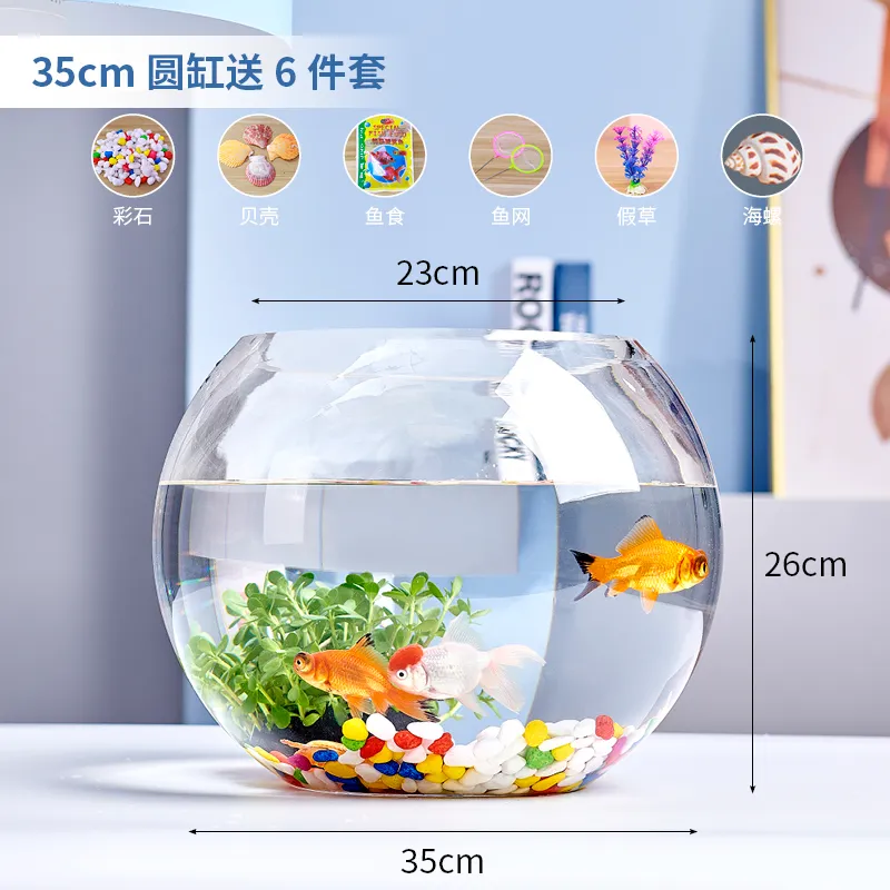 Small Glass Fish Tank for Office Desktop - Transparent Turtle Tank, Round Goldfish Bowl, Living Room Decoration, Thickened Glass, Landscape Design thumbnail 7