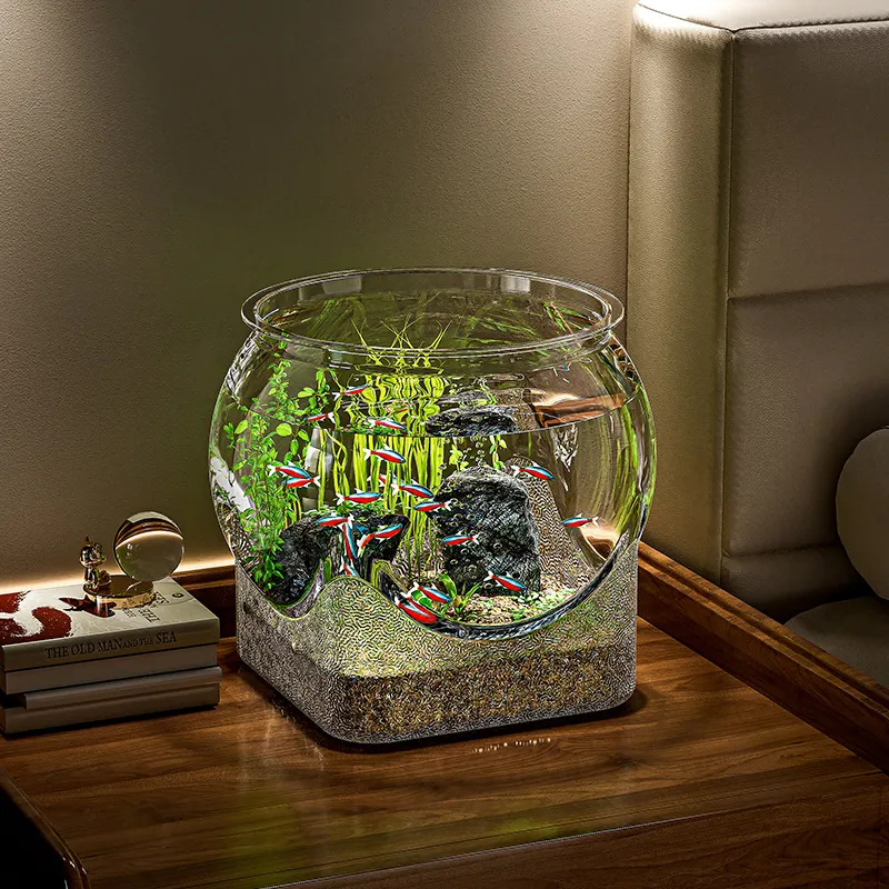 Small Desktop Fish Tank - Transparent Plastic Goldfish/Turtle Tank for Office/Home - Anti-Fall, Ecological Landscaping