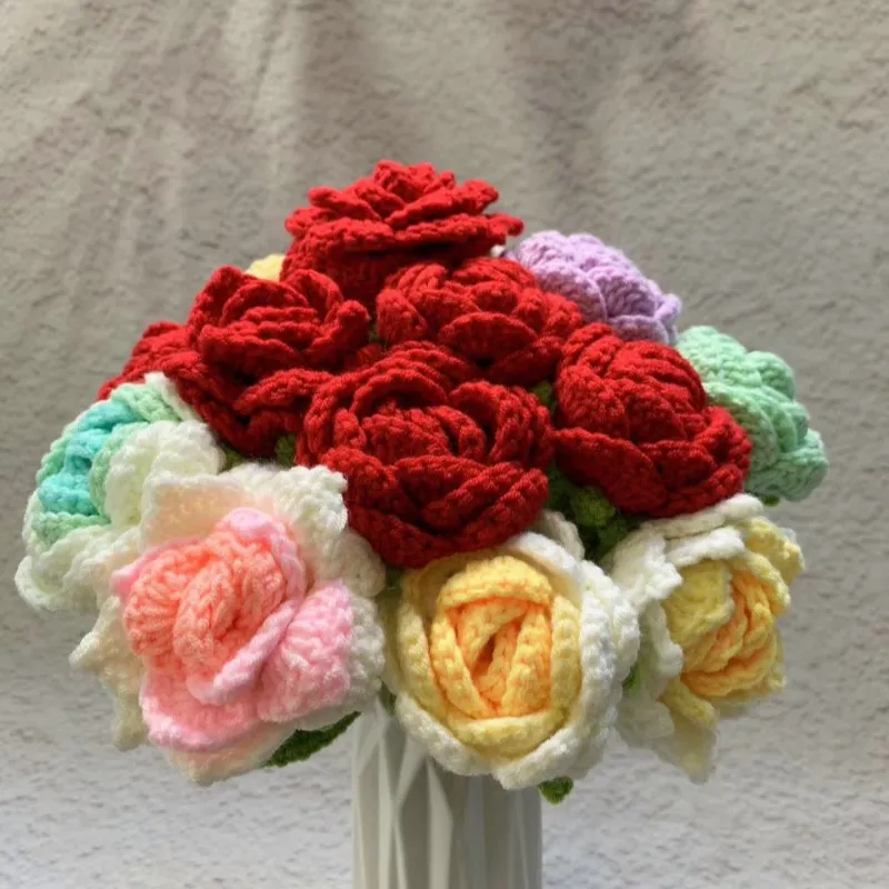 Handmade Rose Flower Arrangement, Hand-Woven Cotton Thread Roses, DIY Craft, Home Decor, Wedding Decoration, Artificial Flowers, Valentine's Day Gift thumbnail 1