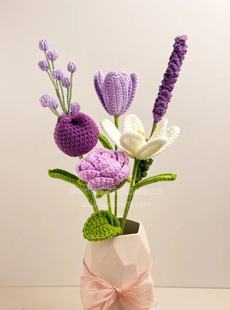 Handmade Crochet Flowers Bouquet - Tulip, Lavender, Rose - Wool Artificial Flowers for Home Decoration, Creative DIY Craft, Finished Product showcase 1