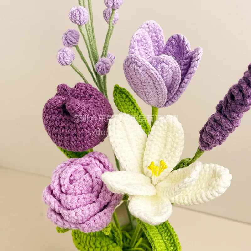 Handmade Crochet Flowers Bouquet - Tulip, Lavender, Rose - Wool Artificial Flowers for Home Decoration, Creative DIY Craft, Finished Product showcase 3