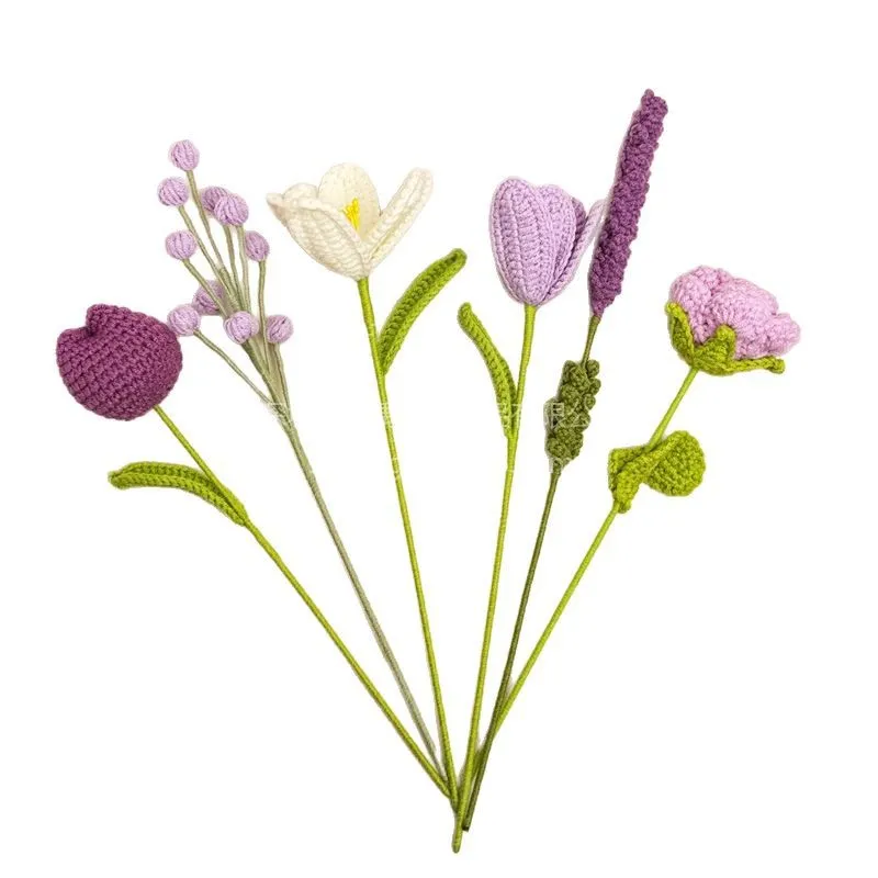 Handmade Crochet Flowers Bouquet - Tulip, Lavender, Rose - Wool Artificial Flowers for Home Decoration, Creative DIY Craft, Finished Product thumbnail 5