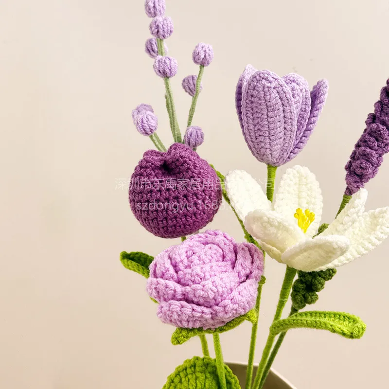 Handmade Crochet Flowers Bouquet - Tulip, Lavender, Rose - Wool Artificial Flowers for Home Decoration, Creative DIY Craft, Finished Product thumbnail 2