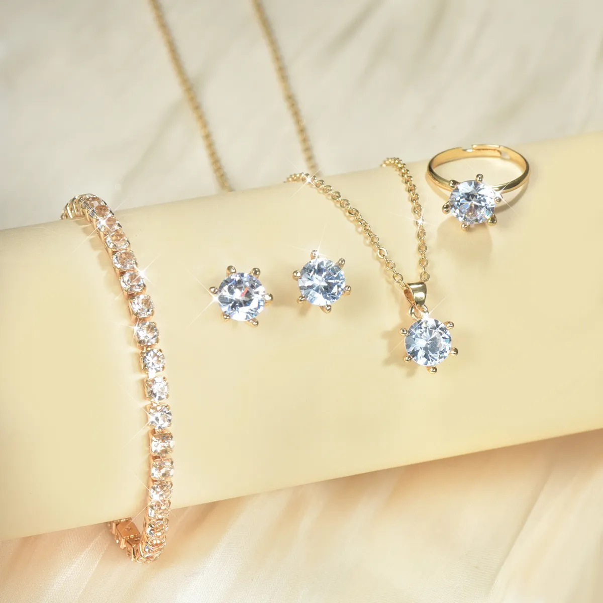 Zircon Jewelry Set for Women - European American Style Necklace, Earrings, Ring & Bracelet - Four Piece Bridal Jewelry Set - Yiwu Accessories Claw Chain showcase 1