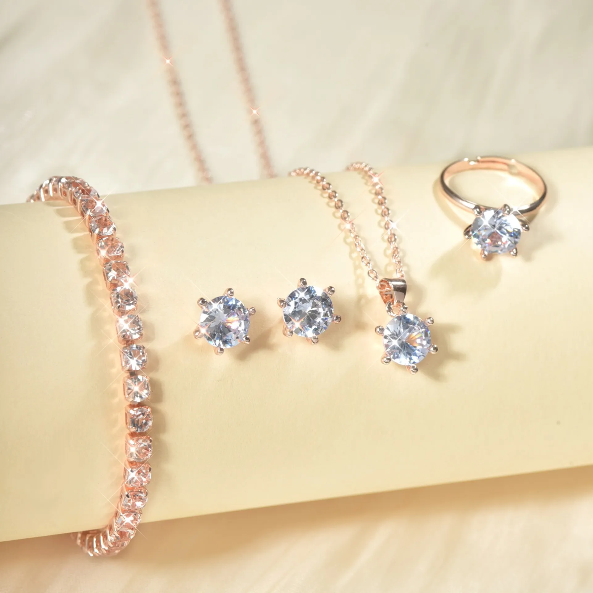 Zircon Jewelry Set for Women - European American Style Necklace, Earrings, Ring & Bracelet - Four Piece Bridal Jewelry Set - Yiwu Accessories Claw Chain thumbnail 9