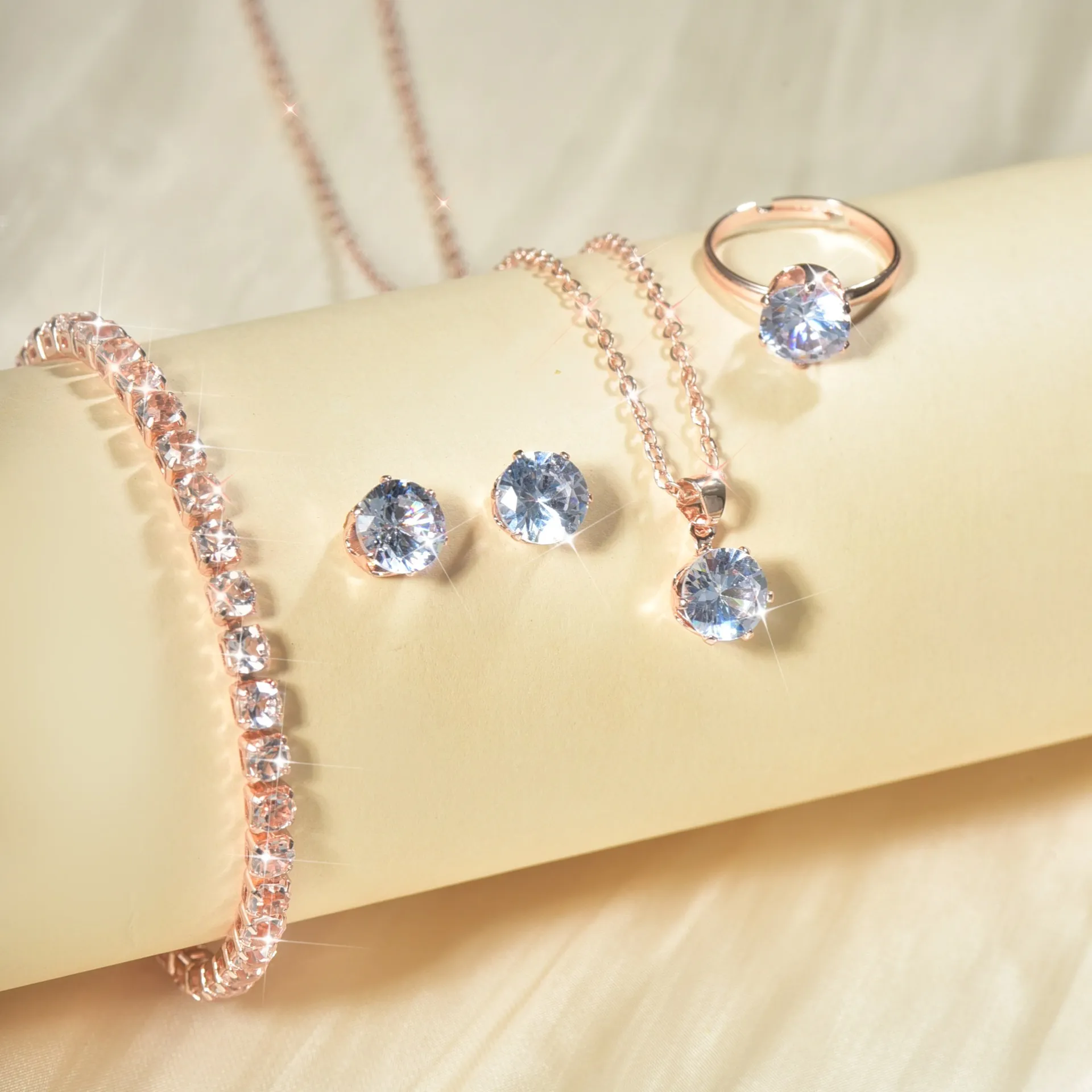Zircon Jewelry Set for Women - European American Style Necklace, Earrings, Ring & Bracelet - Four Piece Bridal Jewelry Set - Yiwu Accessories Claw Chain thumbnail 7