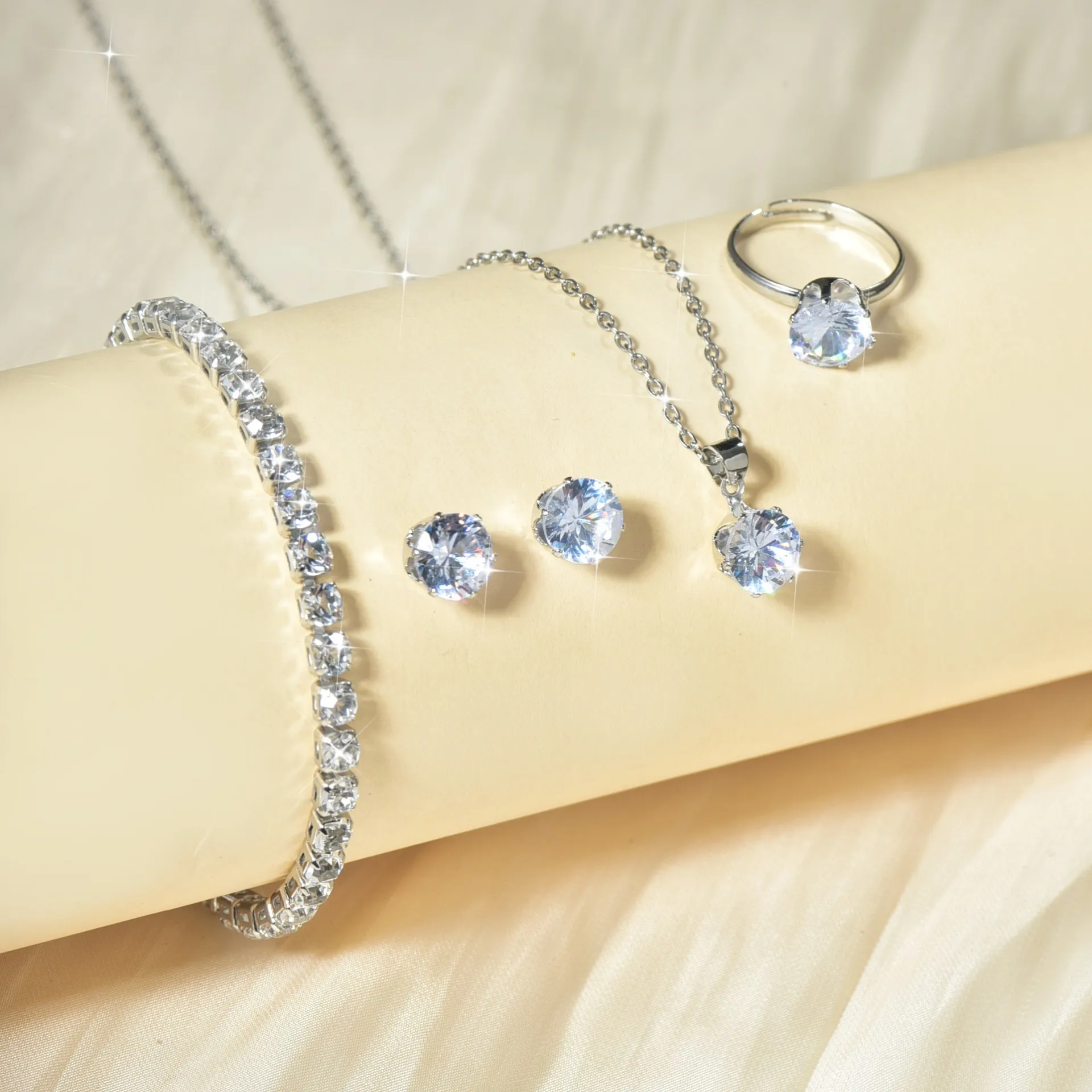 Zircon Jewelry Set for Women - European American Style Necklace, Earrings, Ring & Bracelet - Four Piece Bridal Jewelry Set - Yiwu Accessories Claw Chain thumbnail 3