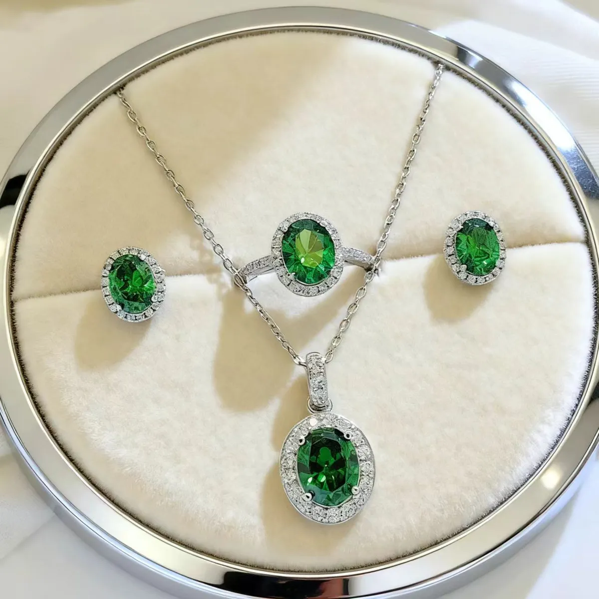 Emerald Green Jewelry Set for Women - Coconut Round Gemstone Pendant Necklace, Earrings, and Ring - Elegant Dinner Party Accessories - Influencer Style showcase 1