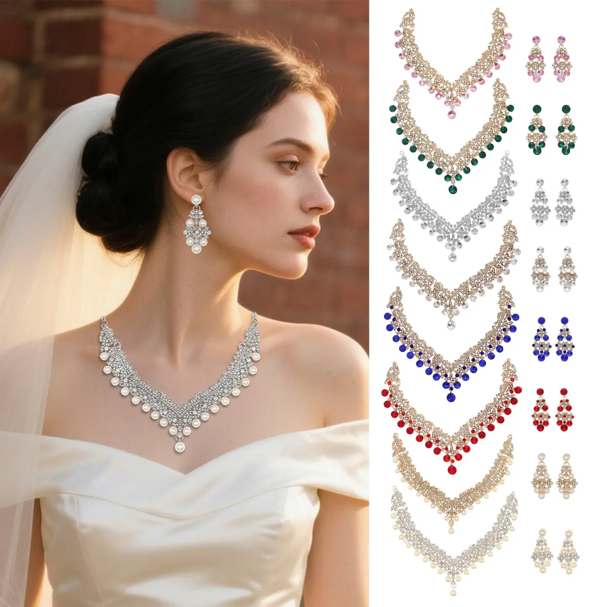 Rhinestone Jewelry Set for Women - European American Style Necklace and Earrings - Exaggerated Retro Alloy Fashion Jewelry Set showcase 5