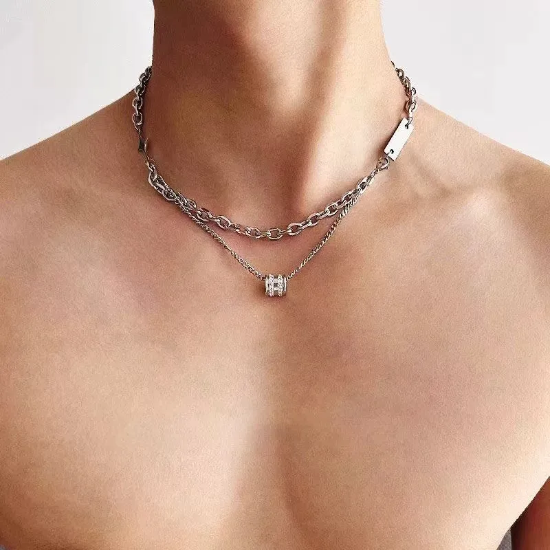 Men's Double Layer Diamond Necklace - Stacked Bead Titanium Steel Hip Hop Clavicle Chain - Trendy, Cool, High-End Fashion Jewelry for Men thumbnail 1