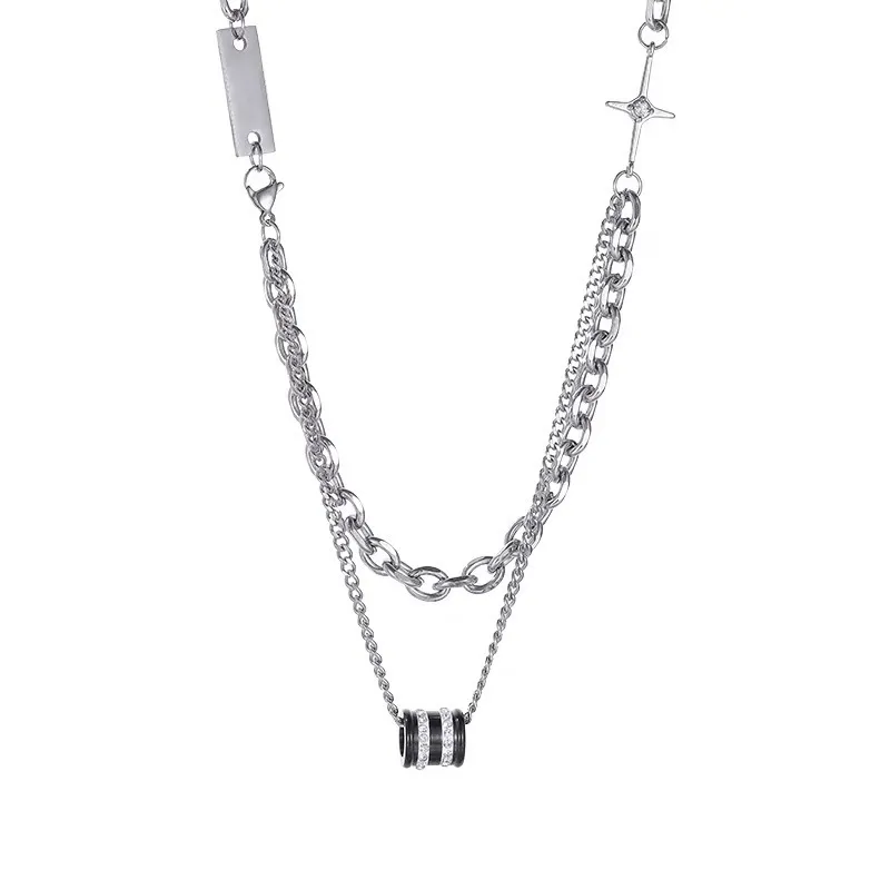 Men's Double Layer Diamond Necklace - Stacked Bead Titanium Steel Hip Hop Clavicle Chain - Trendy, Cool, High-End Fashion Jewelry for Men showcase 6