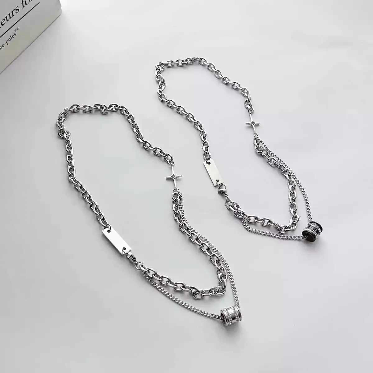 Men's Double Layer Diamond Necklace - Stacked Bead Titanium Steel Hip Hop Clavicle Chain - Trendy, Cool, High-End Fashion Jewelry for Men showcase 4