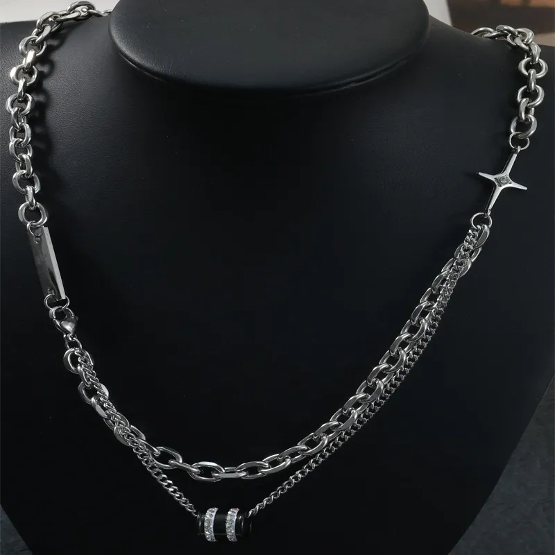 Men's Double Layer Diamond Necklace - Stacked Bead Titanium Steel Hip Hop Clavicle Chain - Trendy, Cool, High-End Fashion Jewelry for Men showcase 5