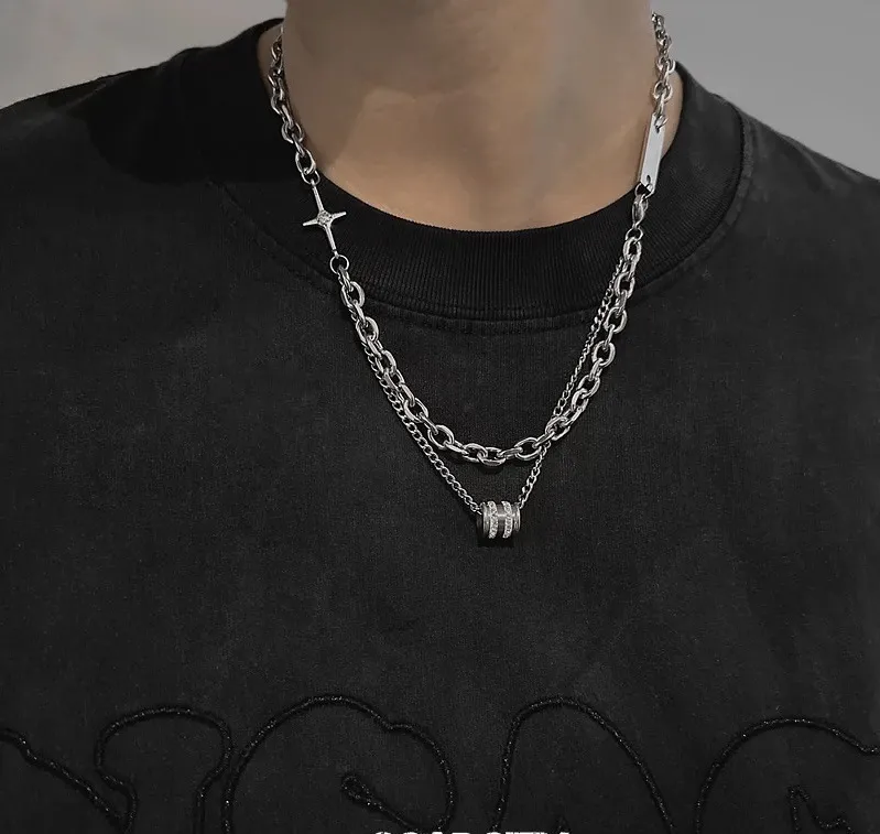 Men's Double Layer Diamond Necklace - Stacked Bead Titanium Steel Hip Hop Clavicle Chain - Trendy, Cool, High-End Fashion Jewelry for Men showcase 1