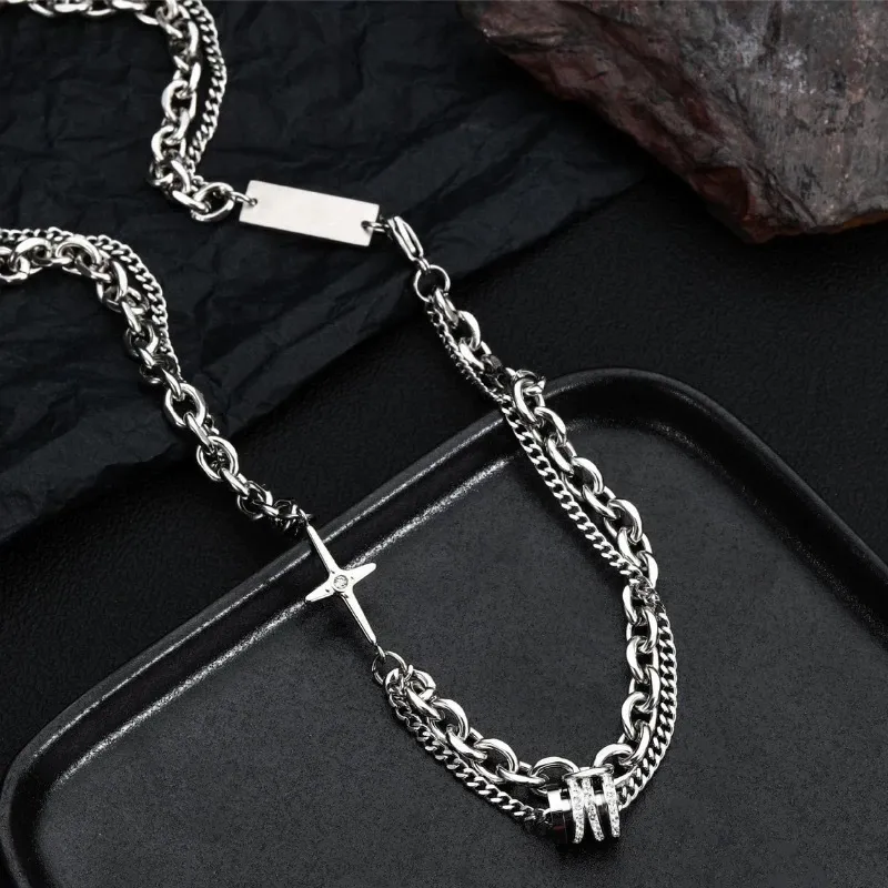 Men's Double Layer Diamond Necklace - Stacked Bead Titanium Steel Hip Hop Clavicle Chain - Trendy, Cool, High-End Fashion Jewelry for Men showcase 3