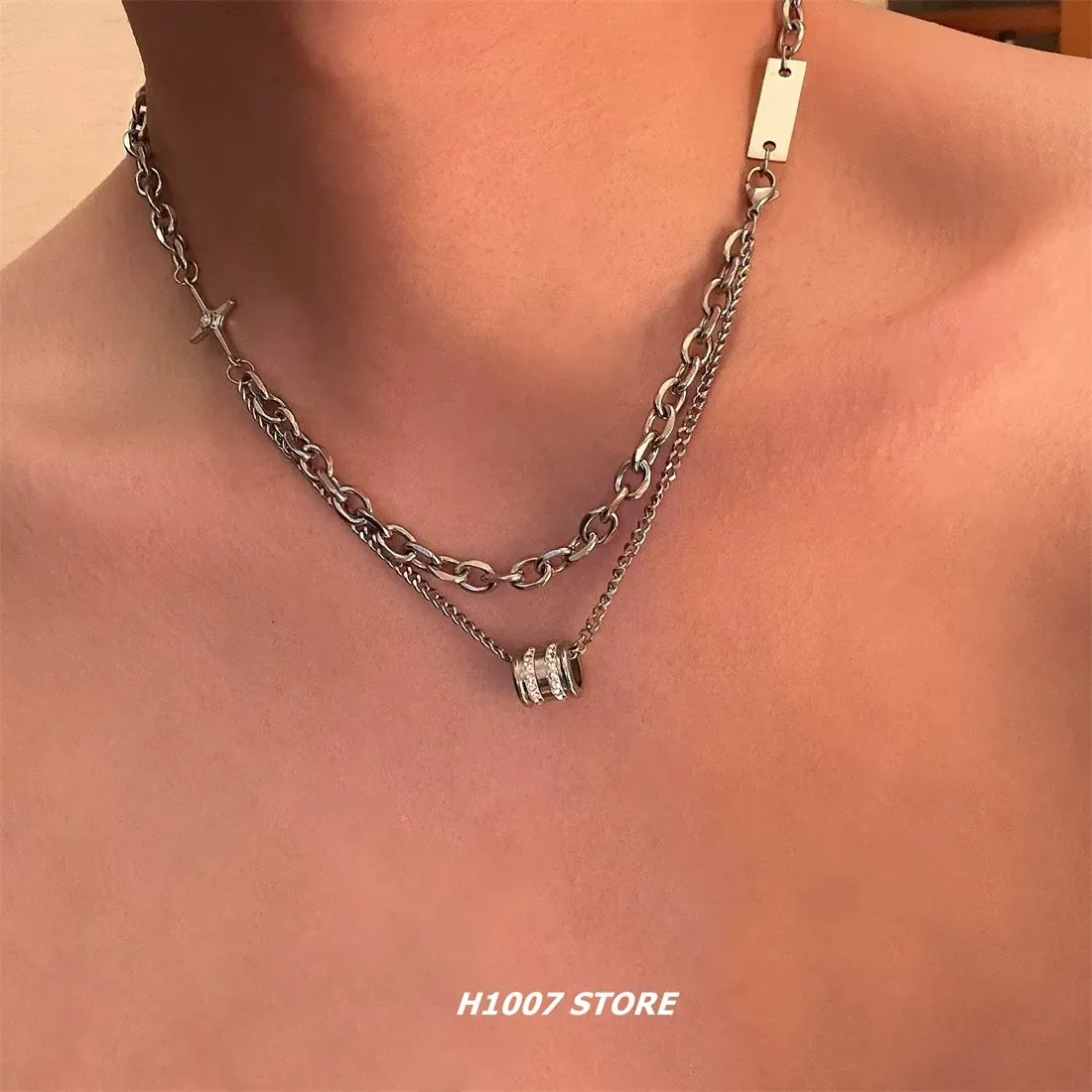 Men's Double Layer Diamond Necklace - Stacked Bead Titanium Steel Hip Hop Clavicle Chain - Trendy, Cool, High-End Fashion Jewelry for Men thumbnail 2