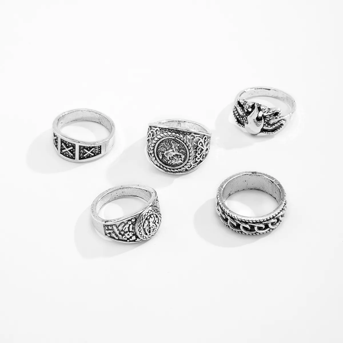 Men's Vintage Metal Rings Set - Retro Totem Geometric Design, Cool Trendy Rings for Men, 5-Piece Set, Fashion Jewelry Accessories thumbnail 4