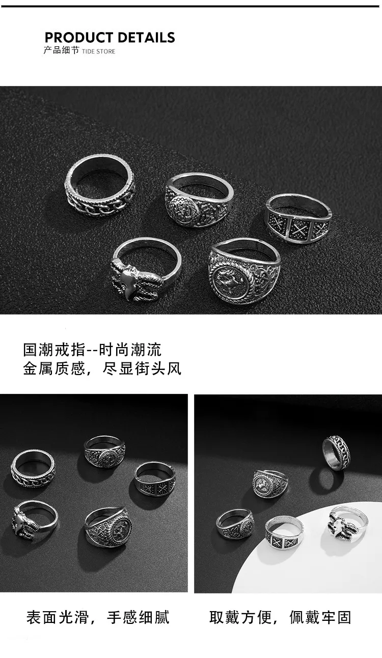 Men's Vintage Metal Rings Set - Retro Totem Geometric Design, Cool Trendy Rings for Men, 5-Piece Set, Fashion Jewelry Accessories showcase 5