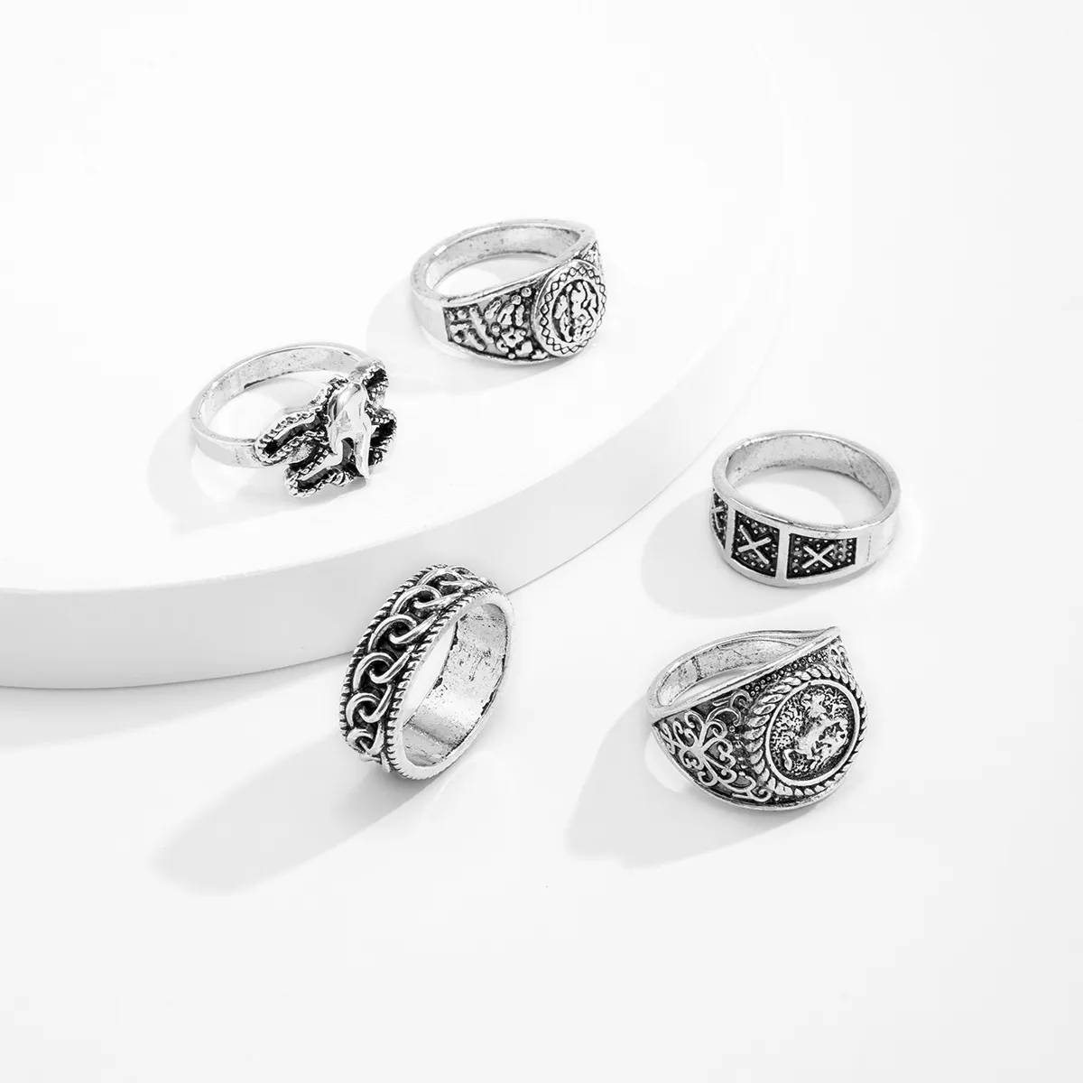 Men's Vintage Metal Rings Set - Retro Totem Geometric Design, Cool Trendy Rings for Men, 5-Piece Set, Fashion Jewelry Accessories thumbnail 3