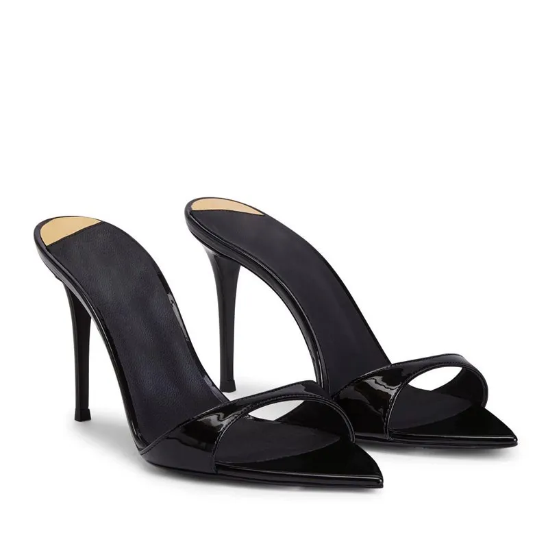 Women's Peep Toe Pointed High Heels - 2025 Summer Stiletto Slides - Patent Leather Sexy Black Outer Wear Sandals for Ladies thumbnail 1