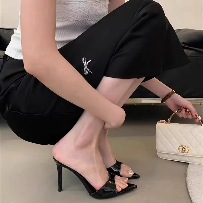Women's Peep Toe Pointed High Heels - 2025 Summer Stiletto Slides - Patent Leather Sexy Black Outer Wear Sandals for Ladies thumbnail 6