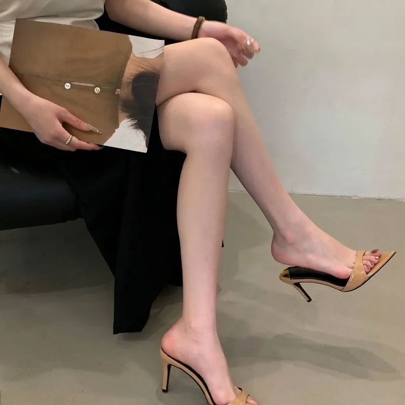 Women's Peep Toe Pointed High Heels - 2025 Summer Stiletto Slides - Patent Leather Sexy Black Outer Wear Sandals for Ladies showcase 3