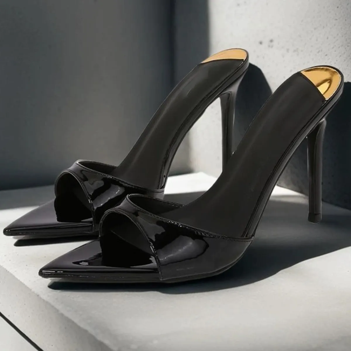 Women's Peep Toe Pointed High Heels - 2025 Summer Stiletto Slides - Patent Leather Sexy Black Outer Wear Sandals for Ladies showcase 12