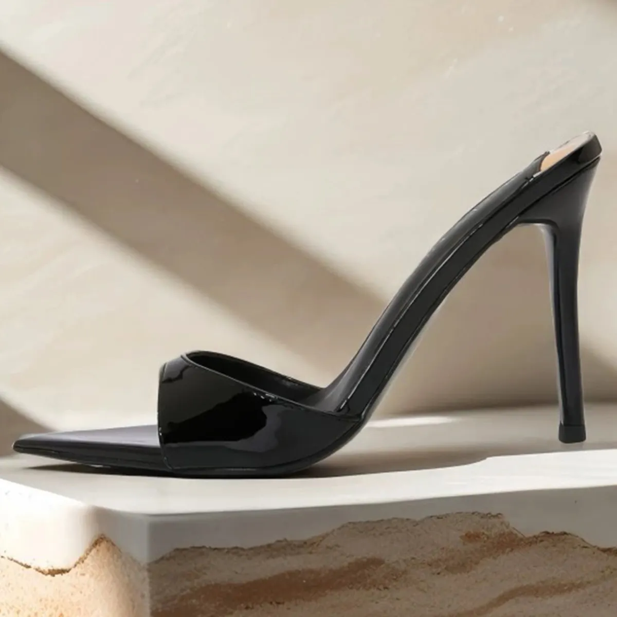 Women's Peep Toe Pointed High Heels - 2025 Summer Stiletto Slides - Patent Leather Sexy Black Outer Wear Sandals for Ladies showcase 13
