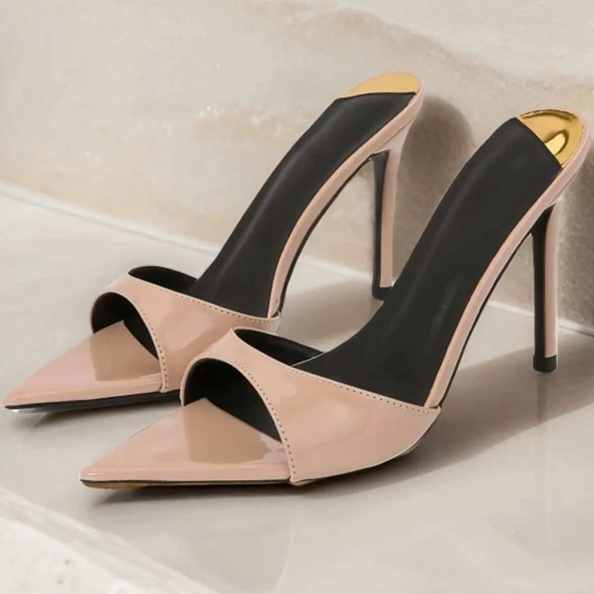 Women's Peep Toe Pointed High Heels - 2025 Summer Stiletto Slides - Patent Leather Sexy Black Outer Wear Sandals for Ladies showcase 11
