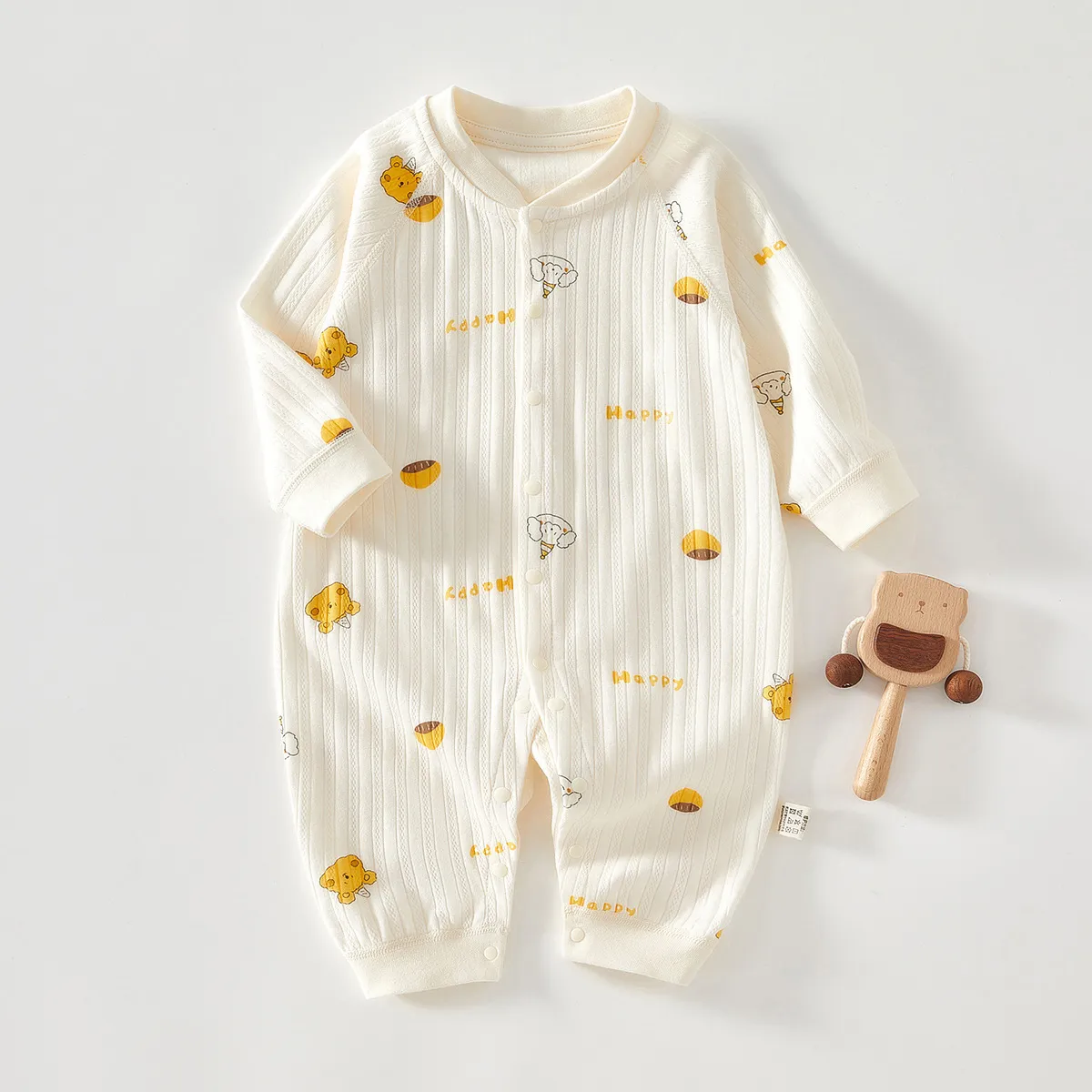Jacquard All-Over Printed Chestnut Bear Jumpsuit Spring & Fall