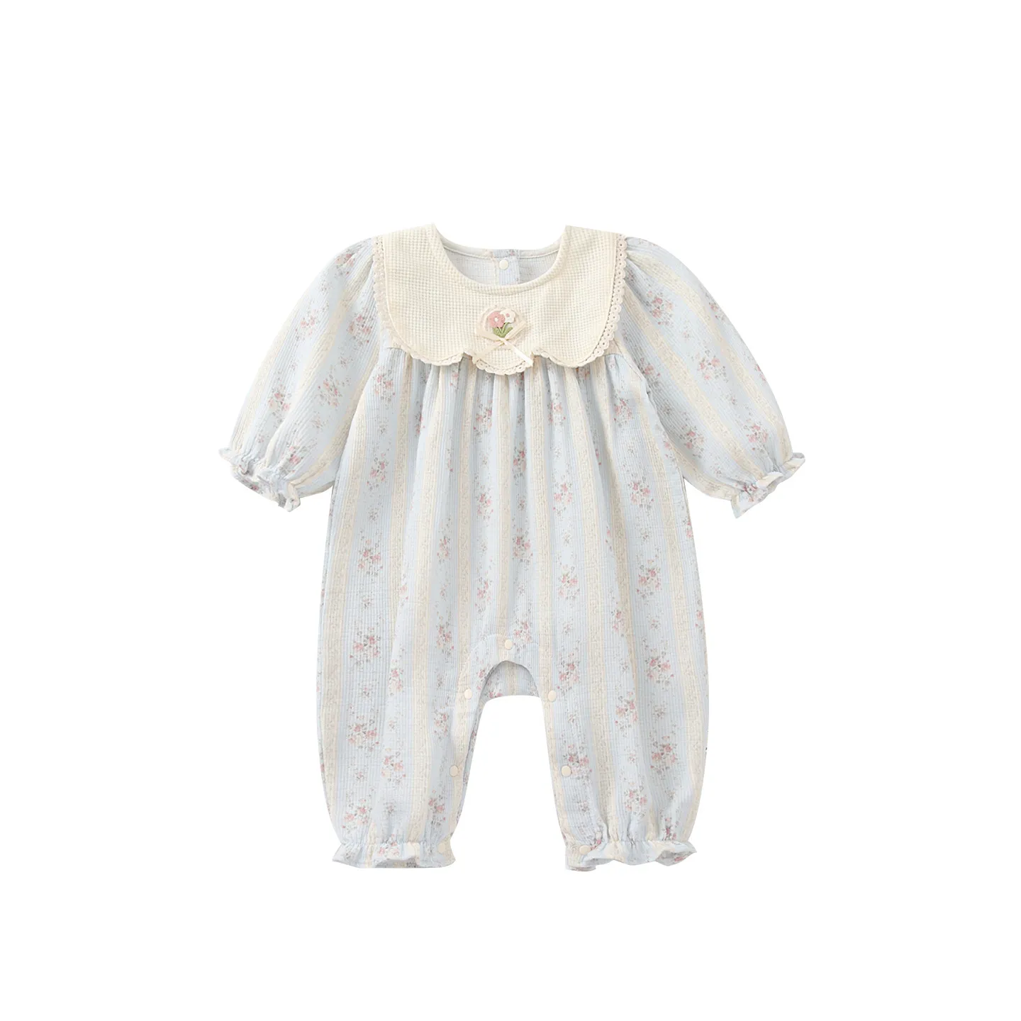 Infant Floral Jumpsuit with Doll Collar - Autumn Style Baby Girl Romper - Fashionable One-Piece Bodysuit with Bag Fart Design thumbnail 5