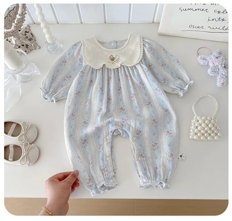 Infant Floral Jumpsuit with Doll Collar - Autumn Style Baby Girl Romper - Fashionable One-Piece Bodysuit with Bag Fart Design showcase 9
