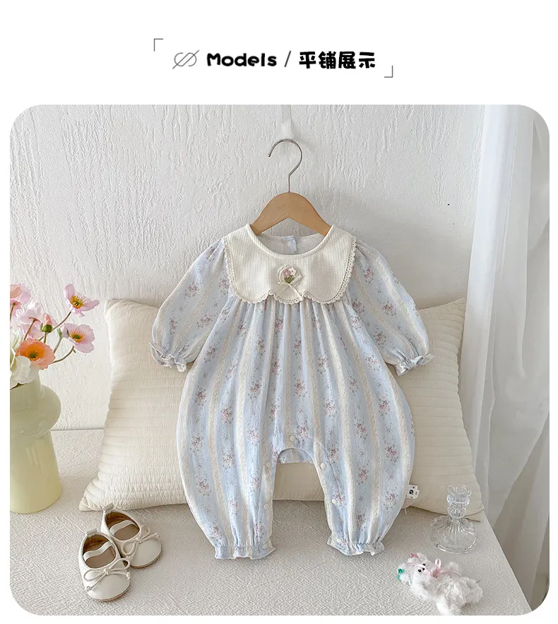 Infant Floral Jumpsuit with Doll Collar - Autumn Style Baby Girl Romper - Fashionable One-Piece Bodysuit with Bag Fart Design showcase 6