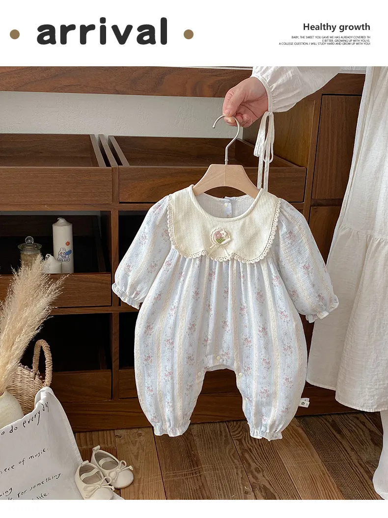 Infant Floral Jumpsuit with Doll Collar - Autumn Style Baby Girl Romper - Fashionable One-Piece Bodysuit with Bag Fart Design showcase 1