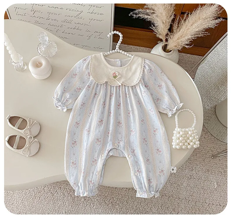 Infant Floral Jumpsuit with Doll Collar - Autumn Style Baby Girl Romper - Fashionable One-Piece Bodysuit with Bag Fart Design showcase 8