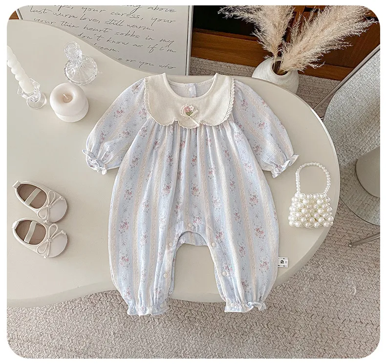 Infant Floral Jumpsuit with Doll Collar - Autumn Style Baby Girl Romper - Fashionable One-Piece Bodysuit with Bag Fart Design showcase 7