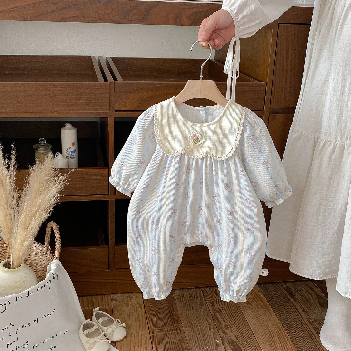 Infant Floral Jumpsuit with Doll Collar - Autumn Style Baby Girl Romper - Fashionable One-Piece Bodysuit with Bag Fart Design thumbnail 1
