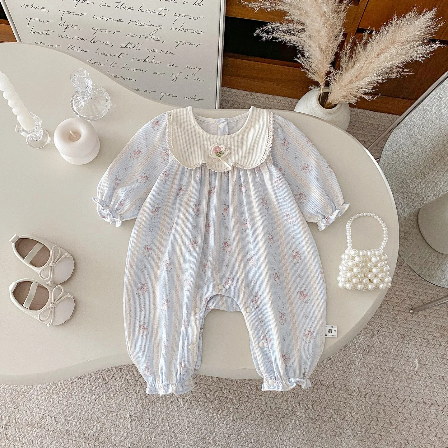 Infant Floral Jumpsuit with Doll Collar - Autumn Style Baby Girl Romper - Fashionable One-Piece Bodysuit with Bag Fart Design thumbnail 6