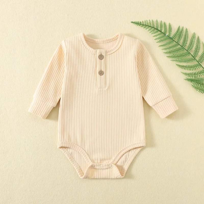Newborn Baby Ribbed Romper Long Sleeve - Autumn Winter Crawling Outfit Jumpsuit - Infant One-Piece Bodysuit Sleepwear for Boys and Girls thumbnail 3