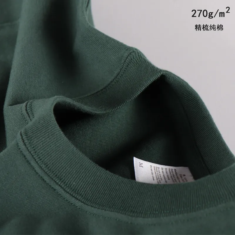 Men's Heavy Cotton Pure White T-Shirt - 270g Small Neck Crewneck - Trendy Basic Short Sleeve Tee for Couples thumbnail 6