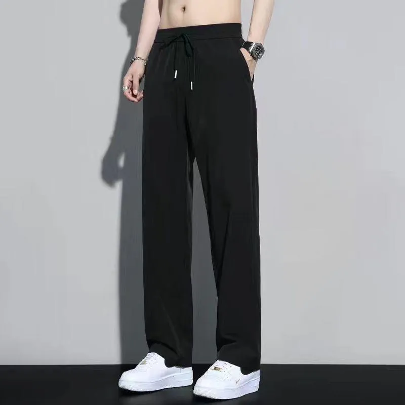Men's Ice Silk Summer Trousers Lightweight Quick-Drying Casual Pants Loose Fit Straight Leg Drape Trousers for Sports and Everyday Wear thumbnail 1
