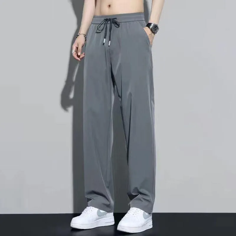 Men's Ice Silk Summer Trousers Lightweight Quick-Drying Casual Pants Loose Fit Straight Leg Drape Trousers for Sports and Everyday Wear thumbnail 2